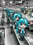  6+girls aqua_eyes aqua_hair conveyor_belt factory hatsune_miku long_hair mikudayoo multiple_girls open_mouth rxjx smile structure vocaloid 