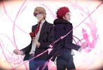  back-to-back brown_hair cigarette jacket k_(anime) kusanagi_izumo multiple_boys red_hair redhead short_hair smartphone sunglasses suou_mikoto_(k) yun_(neo) 