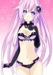 blue_eyes blush breasts choujigen_game_neptune choujigen_game_neptune_mk2 cleavage cleavage_cutout cowboy_shot elbow_gloves gloves hair_ornament hand_on_own_chest long_hair looking_at_viewer midriff mikan_no_shiru navel nepgear no_nose pink_hair purple_sister smile solo symbol-shaped_pupils very_long_hair 