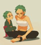  1girl bare_shoulders barefoot black_eyes blush breasts dual_persona earrings emzy genderswap green_hair haramaki indian_style jewelry one_piece open_mouth pants piercing roronoa_zoro sarashi scar short_hair sitting smile young 