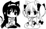  akemi_homura animal_ears blush cat_ears cat_tail kaname_madoka kemonomimi_mode ko_ru_ri lowres mahou_shoujo_madoka_magica monochrome multiple_girls pantyhose simple_background smile tail white_background 