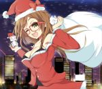  1girl ;d blush breasts brown_hair building christmas collarbone female glasses green_eyes hat holding long_hair looking_at_viewer open_mouth original sack santa_costume santa_hat skirt skyscraper smile solo sparkle velia wink 