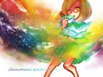  1girl :o bob_cut brown_hair dress envelope glasses knees_together_feet_apart looking_at_viewer lowres nikki_(swapnote) rainbow red-framed_glasses romaji short_hair solo spectrum star swapnote title_drop yellow_eyes yubune 