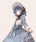  adapted_costume blue_eyes blue_hair bonnet bow dress iwamoto_james kawashiro_nitori short_hair simple_background solo touhou twintails 