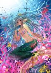  aqua_eyes aqua_hair bubble caustic_lighting crown fins highres jewelry long_hair mermaid monster_girl pendant princess_royale shell shell_bikini the_little_mermaid underwater very_long_hair water xe-cox 