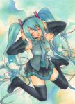  blush closed_eyes detached_sleeves eyes_closed green_hair hands_on_headphones hatsune_miku headphones long_hair marker_(medium) necktie open_mouth sitting skirt smile solo thigh-highs thighhighs traditional_media twintails very_long_hair vocaloid wariza yukaxcat 