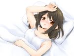  alternate_costume black_hair blush breasts brown_eyes brown_hair cleavage hand_on_own_head lying maru54 no_hat no_headwear open_mouth pillow shameimaru_aya solo sweat tank_top touhou under_covers 