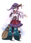  asymmetrical_clothes brook detached_sleeve dress fatkewell green_eyes hat highres long_hair original outstretched_arms purple_hair purple_legwear single_sock single_thighhigh socks solo star thigh-highs thighhighs witch_hat 
