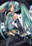  detached_sleeves green_eyes green_hair hatsune_miku long_hair microphone necktie open_mouth skirt solo thigh-highs thighhighs traditional_media twintails very_long_hair vocaloid yukaxcat 