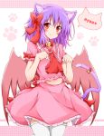  animal_ears bat_wings bell blush bow cat_ears cat_tail clenched_hands hair_bow highres karamoneeze kemonomimi_mode looking_at_viewer navel pink_eyes purple_hair red_eyes remilia_scarlet shirt skirt skirt-set smile solo speech_bubble tail tail_bell thigh-highs thighhighs touhou white_legwear wings 
