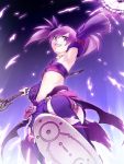  aisha_(elsword) arm_up armpits bandeau boots dress elsword from_below grin long_hair magic midriff navel purple purple_background purple_dress purple_eyes purple_hair purple_legwear skirt smile solo staff thigh-highs thigh_boots thighhighs twintails umikawa_torao violet_eyes 