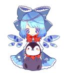  bird blue_dress blue_eyes blue_hair bow cirno dress hair_bow lowres mogu_(lollysweet) penguin puffy_sleeves short_hair short_sleeves simple_background sitting smile solo touhou white_background wings 