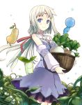  blue_eyes circlet creature detached_sleeves dress flower katase_yuu lily_of_the_valley mist_(rune_factory) plant ponytail revision rune_factory rune_factory_1 rune_factory_frontier smile tiara turnip white_hair 