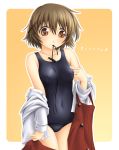  brown_eyes brown_hair hidamari_sketch highres mouth_hold school_swimsuit school_uniform short_hair solo swimsuit swimsuit_under_clothes tatsuyoshi_(t.y.ws) undressing yuno 