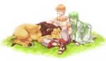  armlet blonde_hair bracelet closed_eyes earrings enkidu_(fate/strange_fake) eyes_closed fate/strange_fake fate_(series) gilgamesh green_eyes green_hair highres jewelry lion long_hair multiple_boys necklace sandals sleeping toga tsu 