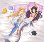  aqua_eyes armpits arms_up bare_shoulders bed_sheet black_hair blonde_hair copyright_request green_eyes head_fins highres long_hair looking_at_viewer lying mermaid midnight_(artist) monster_girl multiple_girls on_back on_side original pajamas pillow tail 