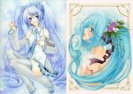  blue_eyes blue_hair blush detached_sleeves flower hair_flower hair_ornament hatsune_miku naked_thighhighs necktie nude open_mouth skirt smile snowflakes solo thigh-highs thighhighs traditional_media vocaloid watercolor_(medium) yukaxcat yuki_miku 