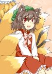  animal_ears back-to-back blonde_hair brown_hair cat_ears cat_tail chen earrings fox_tail hair_between_eyes hat jewelry long_sleeves multiple_girls multiple_tails open_mouth red_eyes ribbon shiranuko smile tail touhou yakumo_ran 