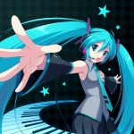  aqua_eyes aqua_hair checkered checkered_background cygnus_(artist) detached_sleeves foreshortening hands hatsune_miku headset highres necktie open_mouth outstretched_arms piano_keys revision skirt solo spread_arms star twintails vocaloid 