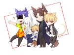  4boys adult animal_ears blonde_hair blue_hair brown_eyes brown_hair byakuran_leo caren_hortensia caren_ortensia cat_ears cat_tail child child_gilgamesh dress dual_persona fate/hollow_ataraxia fate/stay_night fate_(series) gilgamesh kemonomimi_mode kotomine_kirei lancer long_hair multiple_boys ponytail red_eyes tail white_hair young 