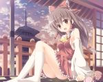  ascot bare_shoulders blush bow breasts brown_eyes brown_hair detached_sleeves francis_(ohne) hair_bow hair_tubes hakurei_reimu highres long_hair looking_at_viewer no_bra open_mouth pagoda sideboob sitting skirt smile solo temple touhou 
