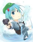  1girl blue_eyes blue_hair blush gun hat holster kawashiro_nitori key minipat short_hair solo splash splashing touhou water weapon wet 