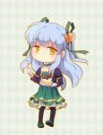  argyle argyle_background black_legwear blue_hair cake carine choker cropped_jacket dress eiyuu_densetsu expressionless falcom food fork frills gloves green_dress hair_ornament hair_ribbon hairpin long_hair pantyhose plate ribbon shoes solo tio_plato two_side_up yellow_eyes zero_no_kiseki 