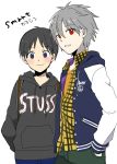  brown_hair casual clothes_writing hoodie ikari_shinji jacket male multiple_boys nagisa_kaworu neon_genesis_evangelion plico_(nicoma) red_eyes shirt short_hair smile white_hair 