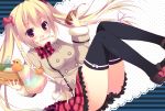  :d black_legwear blonde_hair blush bottle hair_ribbon holding izumiyuhina open_mouth original plaid plaid_skirt red_eyes ribbon rubber_duck skirt smile solo striped striped_background thigh-highs thighhighs twintails 