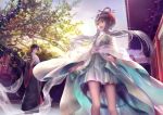  chinese_clothes east_asian_architecture fan green_eyes hair_ornament hanfu long_hair luo_tianyi mayoimayoi pink_eyes silver_hair traditional_clothes vocaloid yuezheng_ling 