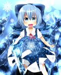  1girl akisha blue_eyes blue_hair blush bow cirno dress fang hair_bow highres ice ice_wings open_mouth short_hair solo touhou wings 
