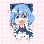  akisha blue_eyes blue_hair blush bow chibi cirno dress fang hair_bow heart ice ice_wings open_mouth popsicle solo touhou watermelon_bar wings 