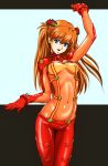  1girl arched_back arm_up blue_eyes breasts brown_hair hair_ornament highres long_hair looking_at_viewer navel neon_genesis_evangelion open_mouth plugsuit revealing_clothes see-through shikinami_asuka_langley smile solo soryu_asuka_langley souryuu_asuka_langley test_plugsuit under_boob underboob 