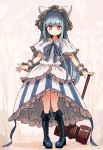  1girl :&gt; animal_hat blue_hair boots capelet cat_hat cross-laced_footwear dated dress frills hammer hat long_hair nosuku original red_eyes ribbon smile solo standing very_long_hair wrist_cuffs 