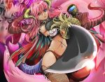  bare_shoulders blue_eyes breasts chalice fishnets heterochromia horns kazaana long_hair navel original pink_eyes pink_hair sideboob solo stitches sword tail very_long_hair weapon 