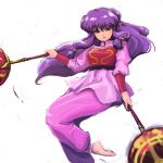  barefoot bell chinese_clothes jingle_bell light_smile long_hair long_sleeves low-tied_long_hair pants payot puffy_long_sleeves puffy_sleeves purple_hair ranma_1/2 shampoo_(ranma_1/2) solo wantan-orz weapon 