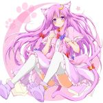  animal_ears bell between_legs blush bow cat_ears cat_tail crescent hair_bow highres karamoneeze kemonomimi_mode long_hair no_hat no_headwear outline patchouli_knowledge paw_pose paw_print purple_eyes purple_hair solo star tail tail_bell tail_between_legs thigh-highs thighhighs touhou violet_eyes white_legwear 