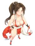  :p bare_shoulders breasts brown_eyes brown_hair cleavage fan fatal_fury foreshortening from_above hand_on_hip king_of_fighters long_hair ponytail shikuta_maru shiranui_mai simple_background snk solo standing thighs tongue white_background 