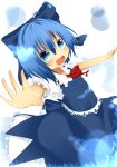  1girl akisha blue_eyes blue_hair blush bow cirno hair_bow heart heart-shaped_pupils highres ice ice_wings open_mouth short_hair short_sleeves smile solo symbol-shaped_pupils touhou wings 