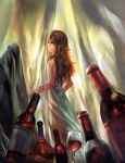  bare_shoulders bottle brown_eyes brown_hair cup expressionless from_behind highres kzcjimmy long_hair looking_back lupin_iii mine_fujiko solo wine_glass 