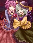  blush frills green_eyes green_hair hairband hat heart komeiji_koishi komeiji_satori lips lipstick long_hair long_sleeves makeup multiple_girls open_mouth purple_hair red_eyes ribbon short_hair siblings sisters skirt smile third_eye touhou wanko528 wide_sleeves 