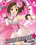  armpits brown_hair character_name doumyouji_karin dress frilled_dress frilled_skirt frills hair_ornament halterneck idol idolmaster idolmaster_cinderella_girls jpeg_artifacts leg_lift looking_at_viewer microphone official_art pink_background red_eyes short_hair short_ponytail side_ponytail sleeveless smile solo wristband 