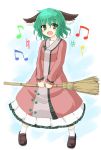  absurdres animal_ears bamboo_broom blush broom dress green_eyes green_hair highres kasodani_kyouko loafers long_sleeves musical_note open_mouth s_katsuo shoes short_hair singing solo touhou 
