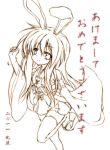  animal_ears bunny_ears highres jun_(noiji_guren_0220) lineart long_hair looking_at_viewer monochrome new_year rabbit_ears reisen_udongein_inaba smile solo thigh-highs thighhighs touhou translated 