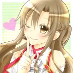  aoi_(kiyokiyoaomushi) asuna_(sao) bare_shoulders blush braid brown_eyes brown_hair finger_on_lips heart highres long_hair portrait solo sword_art_online wink 