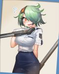  98777_ken_4621906 blush breasts eyepatch flying_sweatdrops gloves green_hair hair_ornament hair_over_one_eye hat impossible_clothes impossible_shirt large_breasts looking_at_viewer necktie open_mouth orange_eyes otonashi_kiruko police police_uniform ringed_eyes shinmai_fukei_kiruko-san short_hair simple_background skirt smile solo sweatdrop sword tonfa uniform weapon yellow_eyes 