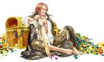  :d ^_^ barefoot closed_eyes eyes_closed gem highres holding kusaco male muscle one_piece open_clothes open_mouth open_shirt red_hair redhead scar shanks shirt sitting smile sword traditional_media treasure_chest watercolor_(medium) weapon white_background white_shirt 