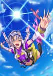  :d black_legwear blush boots brown_eyes cloud clouds detached_sleeves falling hair_ornament hairclip highres idolmaster idolmaster_cinderella_girls koshimizu_sachiko looking_at_viewer lyrical_denko midriff navel open_mouth outstretched_arms parachute short_hair shorts sky skydive smile solo spread_arms tears thighhighs 