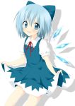  blue_dress blue_eyes blue_hair blush bow cirno curtsey dress fang hair_bow looking_at_viewer oniku-chan open_mouth puffy_sleeves shadow shirt short_hair short_sleeves simple_background smile solo touhou white_background wings 