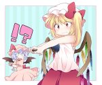  2girls bat_wings blonde_hair blue_hair blush bow constricted_pupils crystal double_\m/ dress flandre_scarlet hammer_(sunset_beach) hat hat_bow hat_ribbon multiple_girls pink_dress plunger puffy_sleeves purple_hair red_eyes remilia_scarlet ribbon shirt short_hair short_sleeves siblings side_ponytail sisters skirt sleeveless sweatdrop touhou wavy_mouth wings wrist_cuffs 